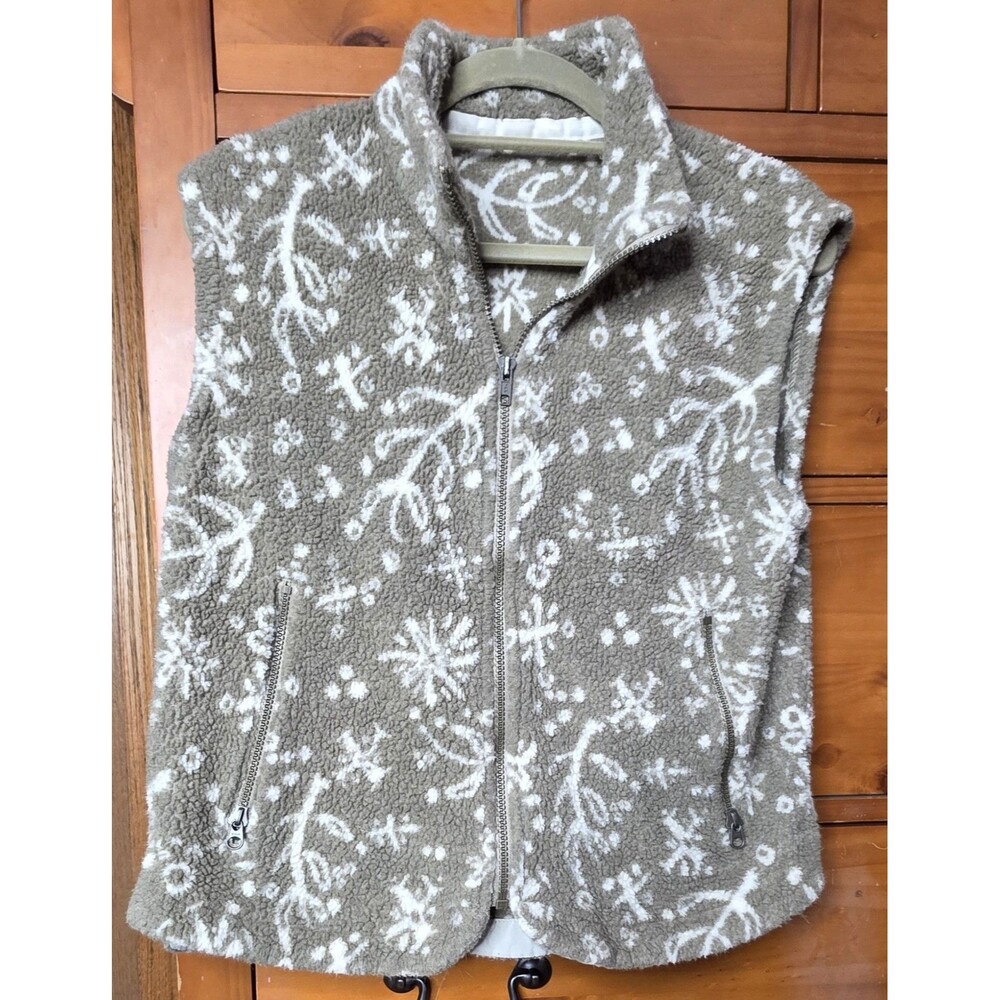 Columbia Fleece Vest Size Small Full Zip Tan Cream Floral Leaves Print